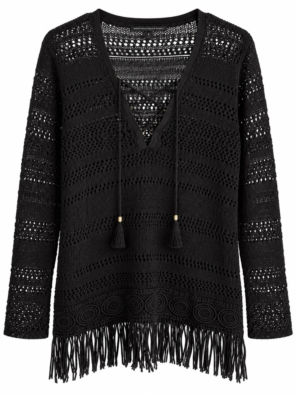 White House Black Market Black Crochet Fringe Boho Sweater L